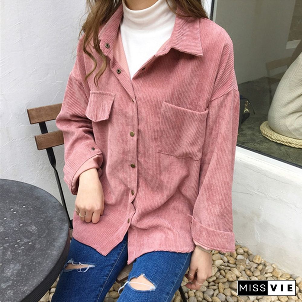 Women Vintage Spring Autumn Loose Shirts Korean Style Solid Color Blouse Long Sleeve Corduroy Coat