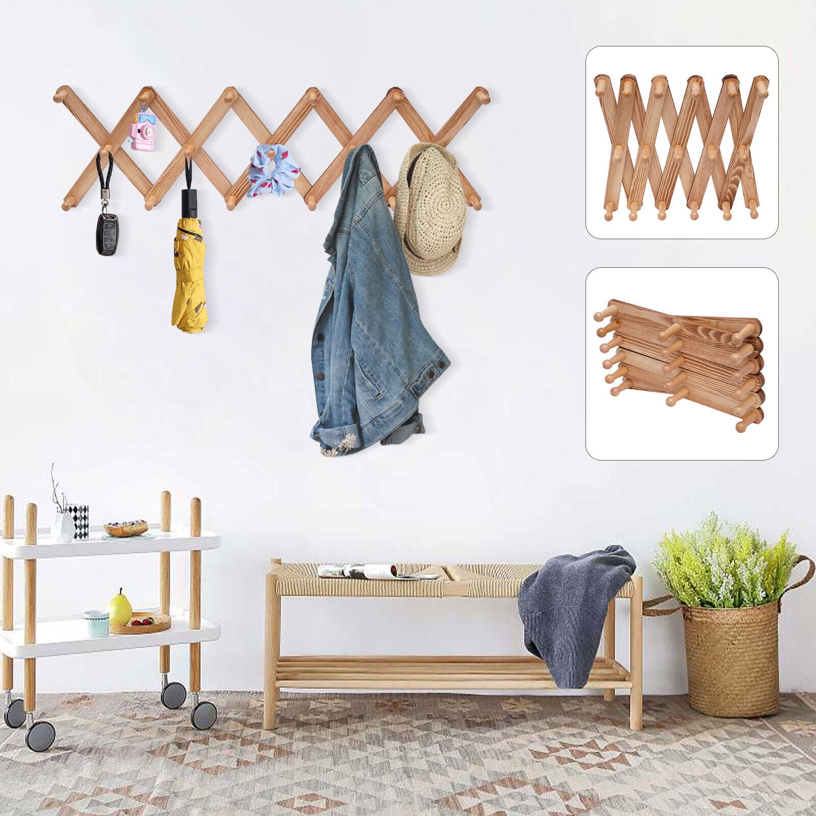 Wooden Wall-mounted Coat Rack Hat Rack Expandable Accordian Wall Hanger 17 Hooks