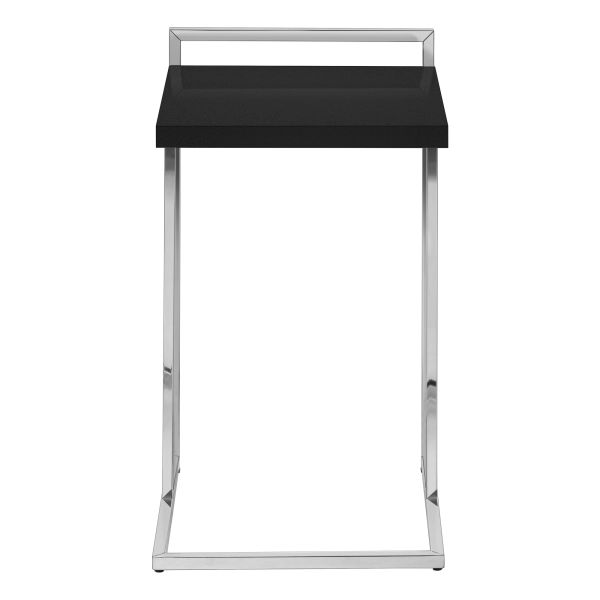 Accent Table， C-shaped， End， Side， Snack， Living Room， Bedroom， Black Laminate， Chrome Metal， Contemporary， Modern