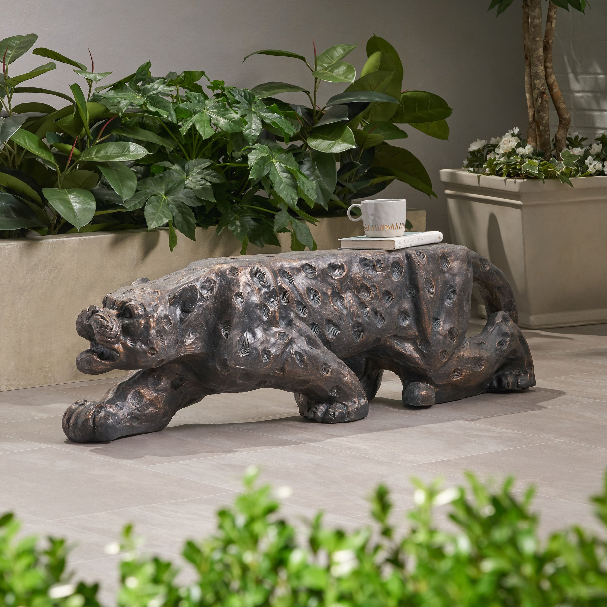 Emersyn Outdoor Leopard Shaped Concrete Bench, Antique Copper Finish