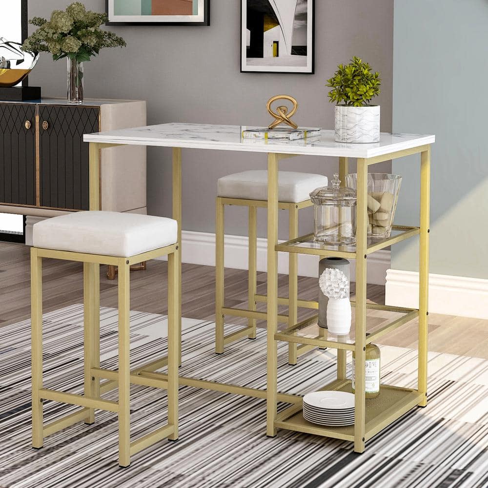 Harper & Bright Designs 36 in. Gold Modern Pub Set with PU Bar Stools (3-Piece) WF194723AAK