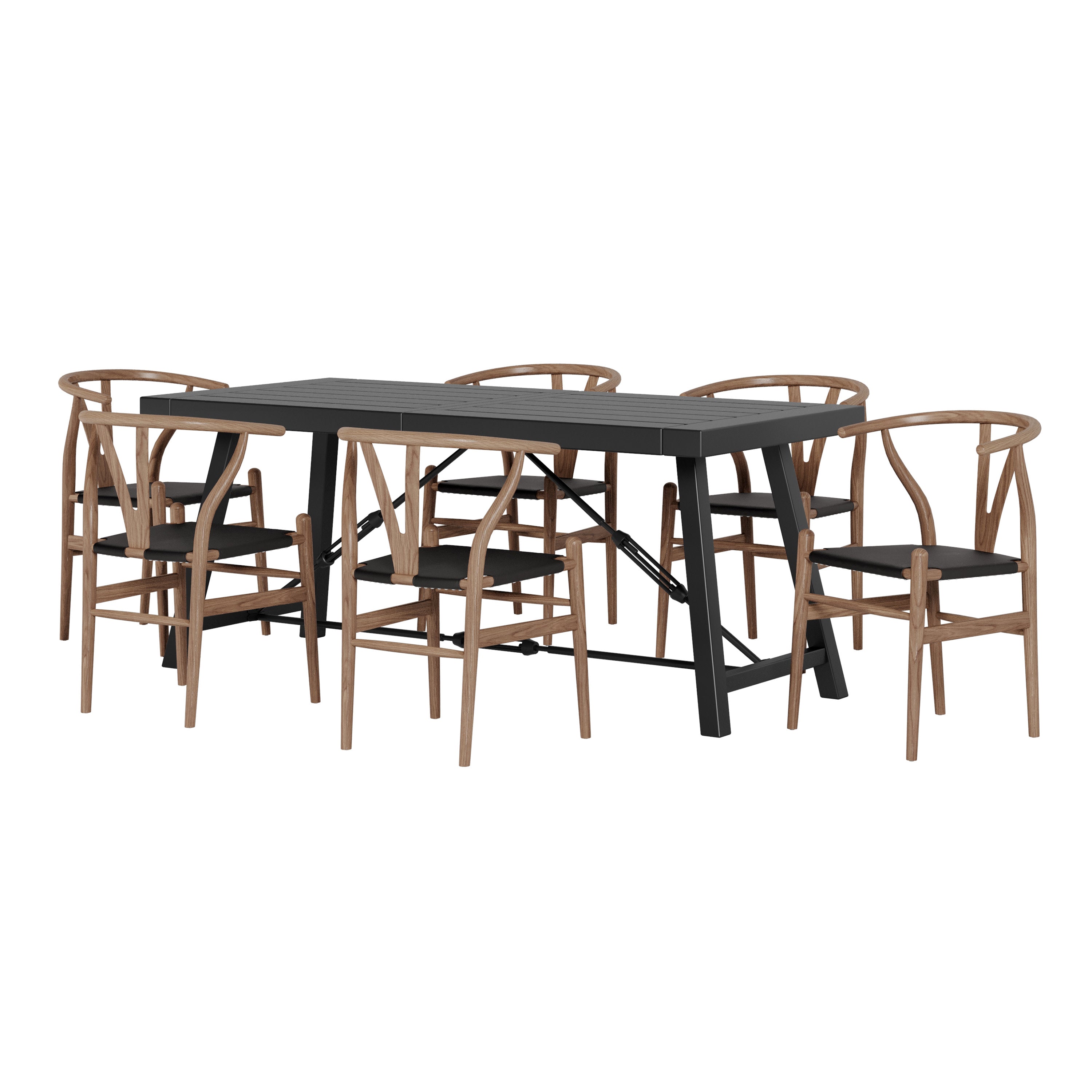 Aubrie Contemporary Iron and Wood 7 Piece Dining Table, Black and Antique Natural