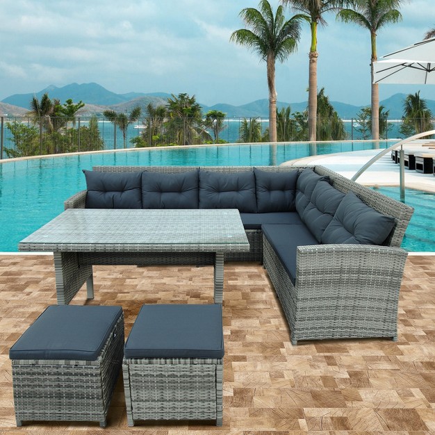 6 piece Outdoor Patio Sectional Sofa With Glass Table And Ottoman For Pool Backyard Lawn Modernluxe