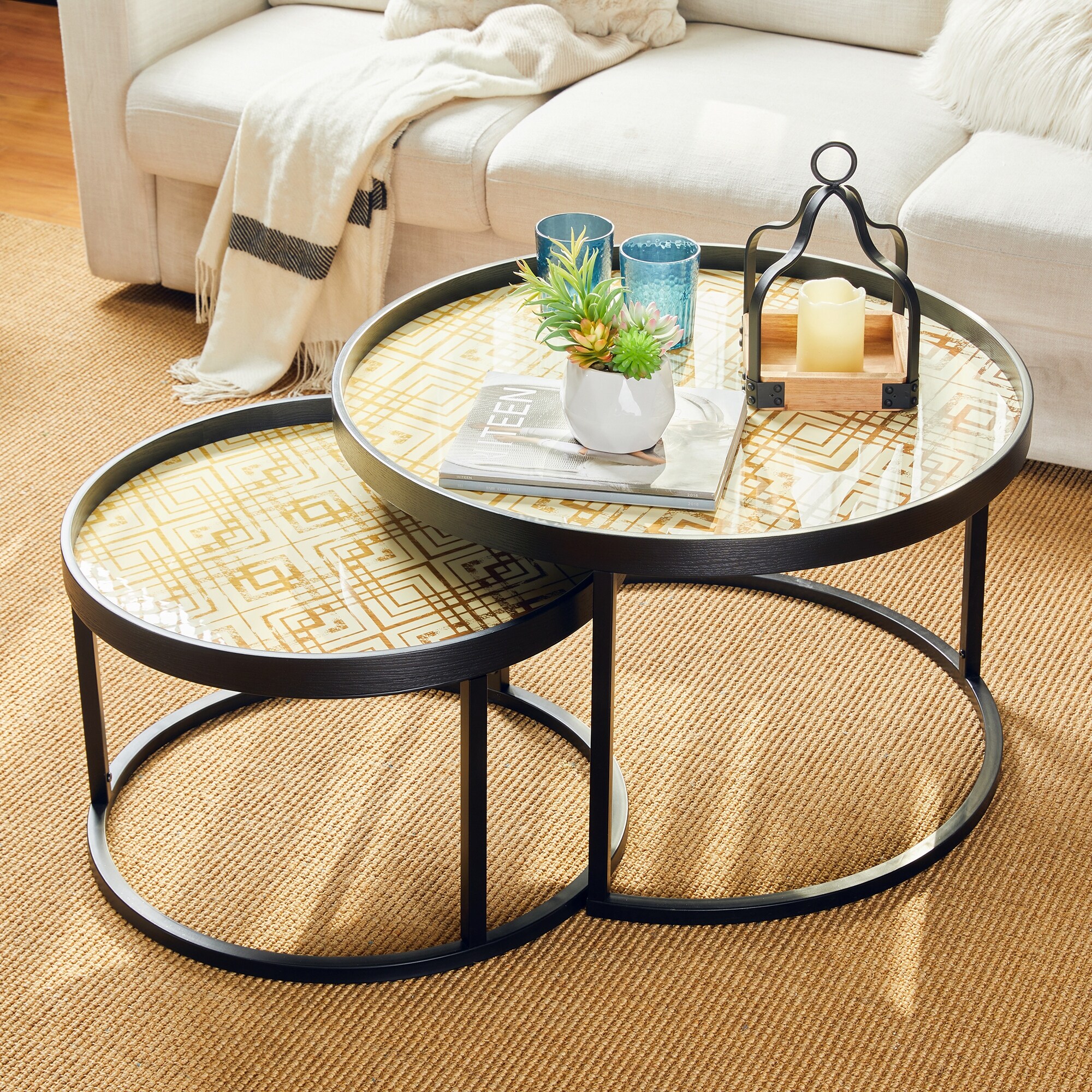 Glitzhome Set of 2 Modern Round Nesting Coffee Table Accent Set