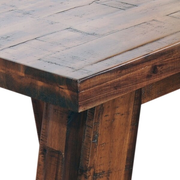 End Table with Plank Style and Trestle Base， Rustic Brown