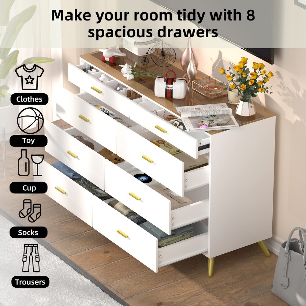 Dresser for Bedroom Modern 8 Drawer Dressers with Tempered Glass Top  Chests of Drawers with 2 Grid Drawer  Storage Organizer