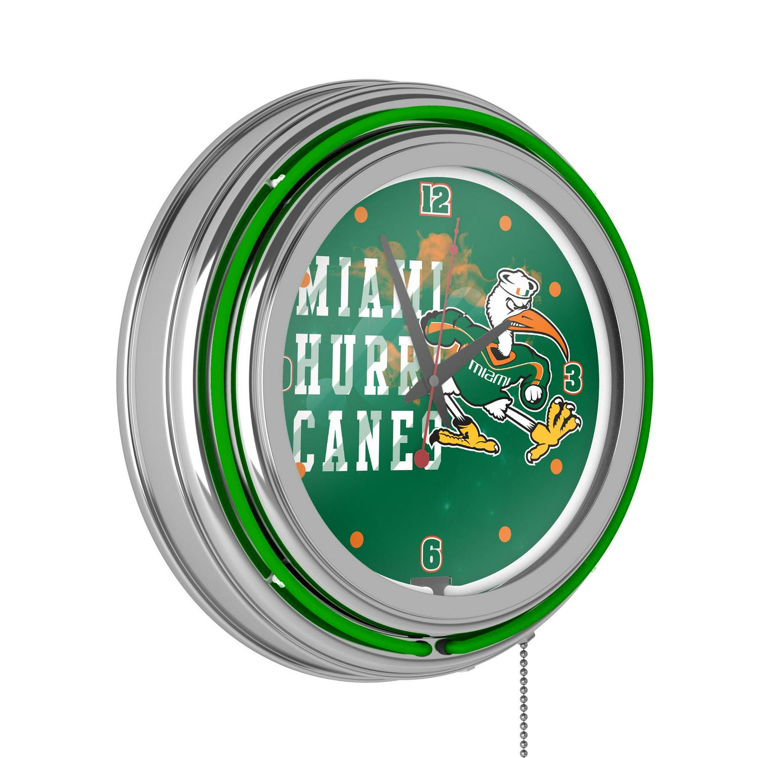 University of Miami Chrome Double Rung Neon Clock  Smoke