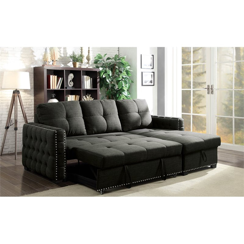 Furniture of America Balfoy Fabric Tufted Sleeper Sectional in Dark Gray