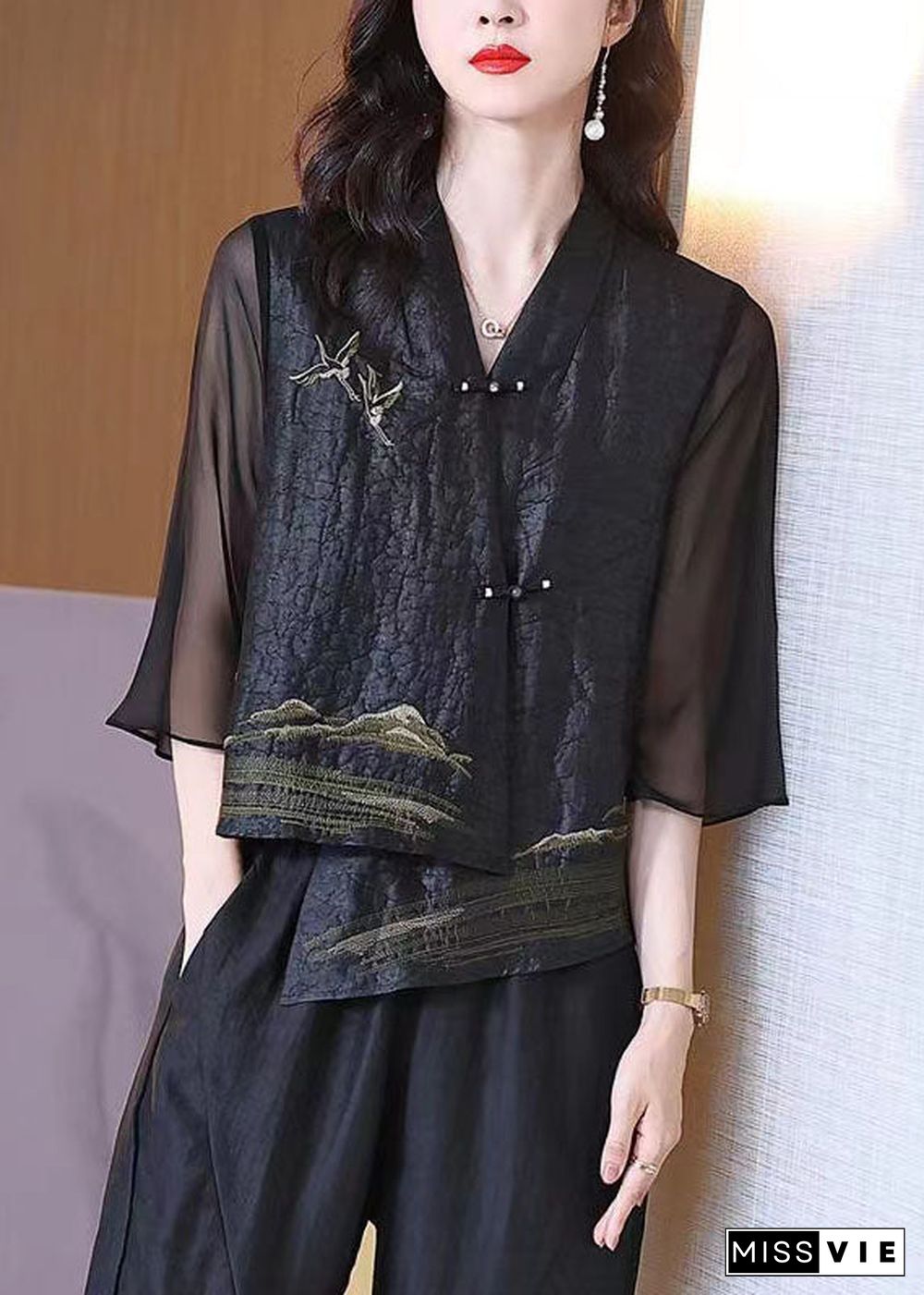 Retro Black V Neck Patchwork Chinese Button Silk Coats Bracelet Sleeve