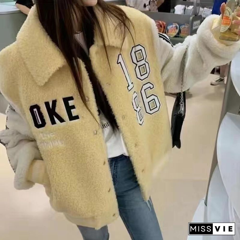 Winter Fall Korean Fashion Faux Lambswool Cropped Jacket Women Letters Patch Designs Colorblock Baseball Uniform Jacket New