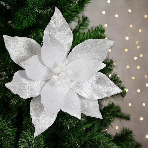 White Glittered Poinsettia Christmas Stem Spray