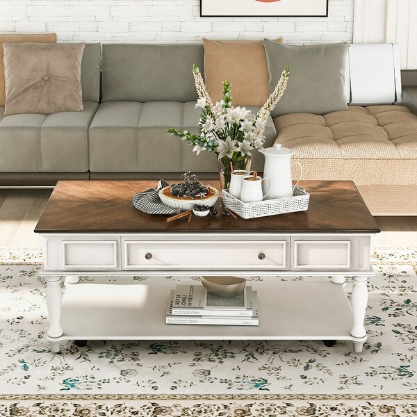 Classic wooden cocktail coffee table with removable vintage center drawers and open shelves