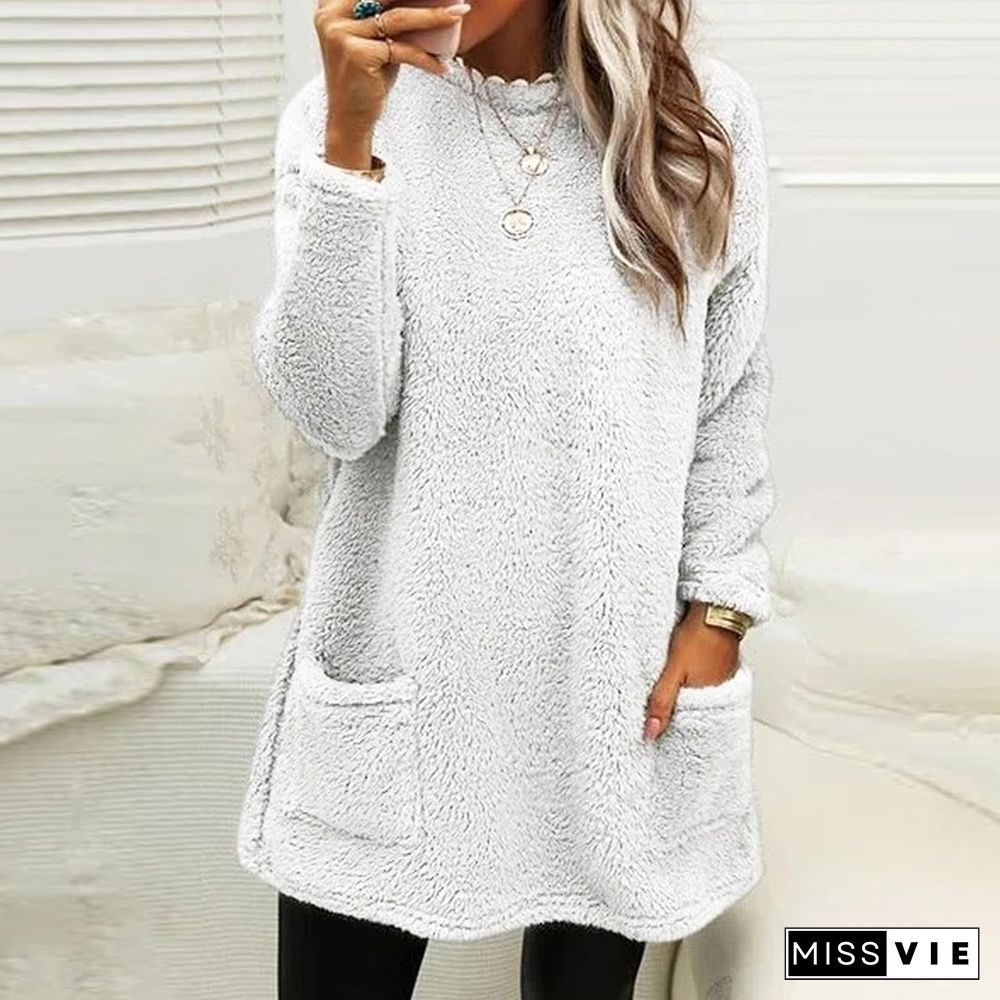 Fall Winter Fashion Fleece Top Women Casual Long Sleeve Loose Homewear Tee Elegant O Neck Warm Solid Color Pullover Blouse