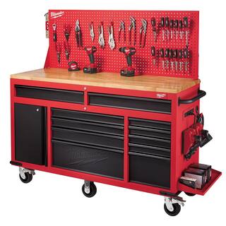 MW 61 in. 11-Drawer1-Door 22 in. D Mobile Workbench with Sliding Pegboard Back Wall in RedBlack 48-22-8561