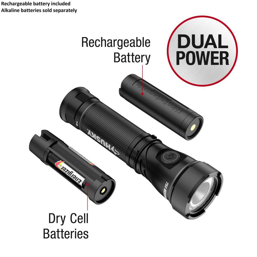 Husky 750 Lumens Dual Power LED Swivel-Head Rechargeable Flashlight with Pocket Clip and Rechargeable Battery HSKY750DPSWF