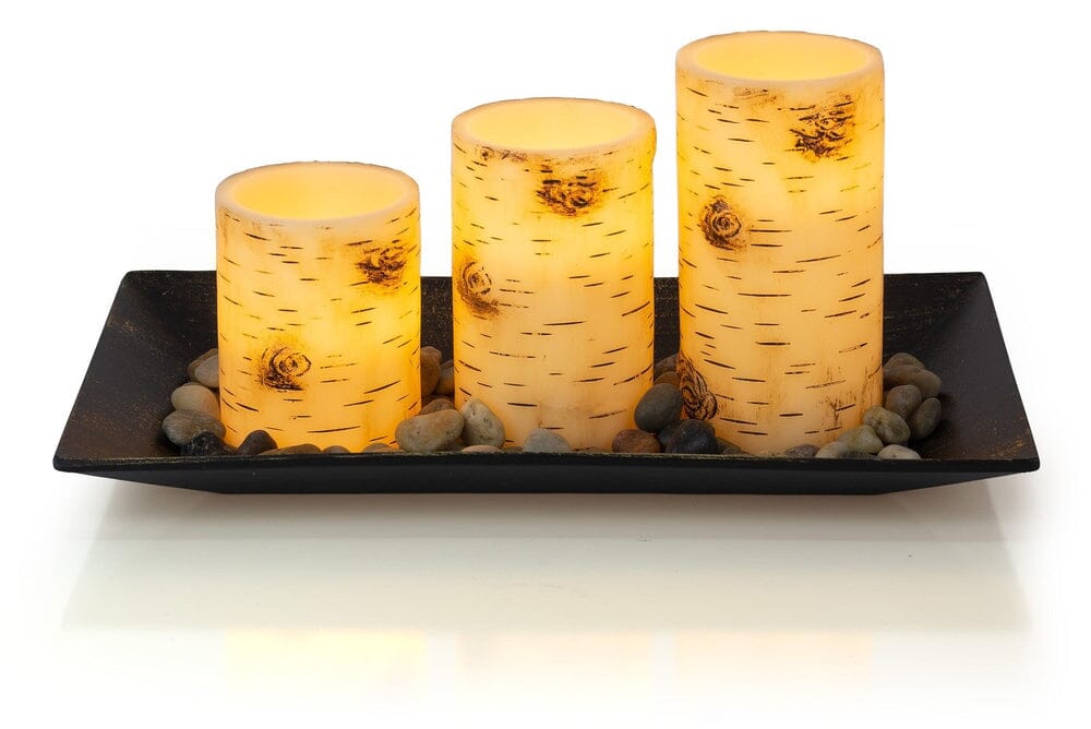 Birch Bark Candlescape Set, 3 LED Flickering Flameless Wax Candles, Decorative Tray, Rocks & Remote Control