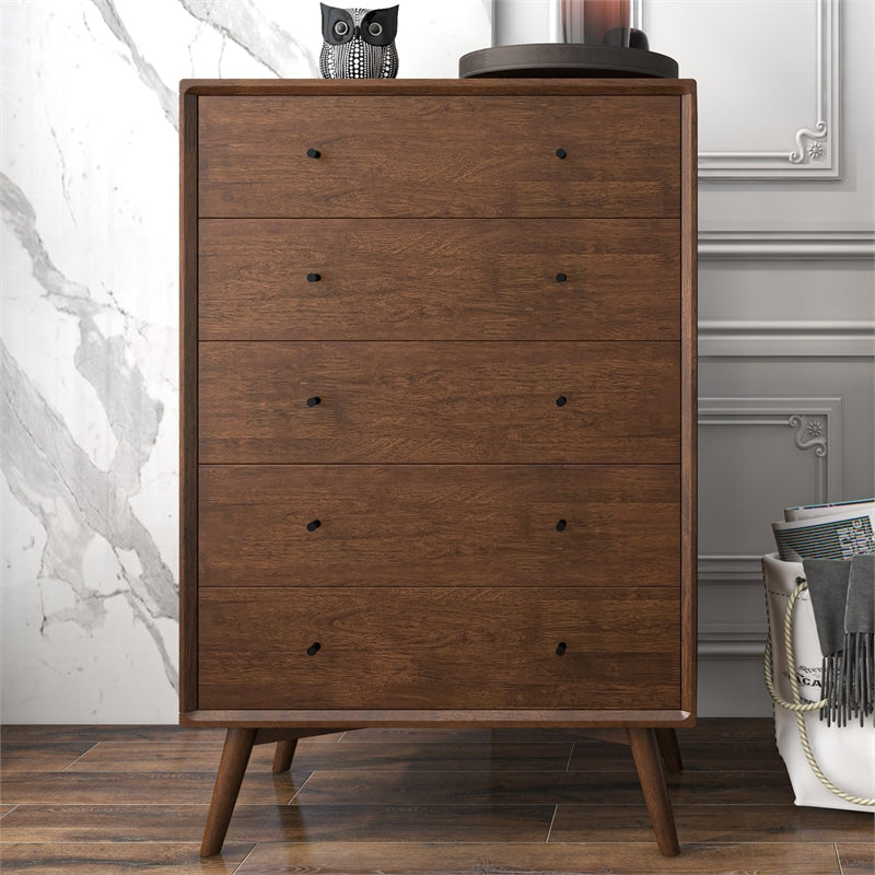 Francesca Modern Bedroom 5 drawers Tall Dressers in Solid Wood Walnut Brown