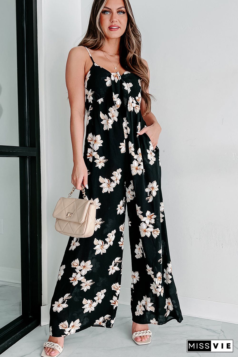 Black Tie Decor V Neck Floral Wide Leg Jumpsuit