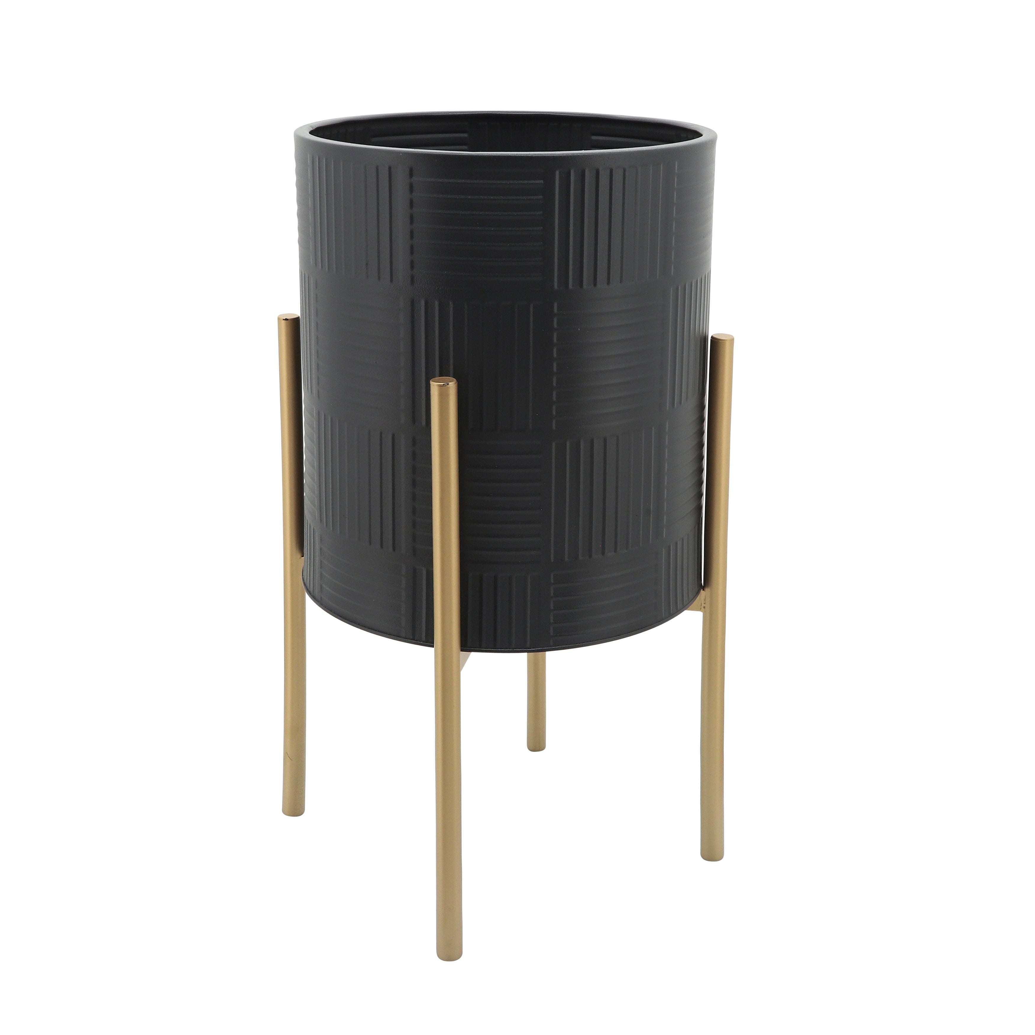 Sagebrook Home Set Of 2 Planter With  Lines On Metal Stand, Black/Gold, Round, Iron, Contemporary, 23