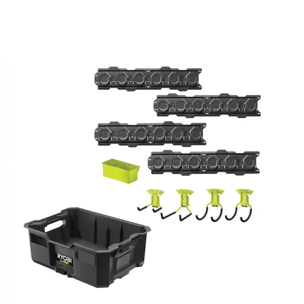 Ryobi LINK Tool Crate with LINK 7-Piece Wall Storage Kit and LINK Wall Rails (2-Pack)