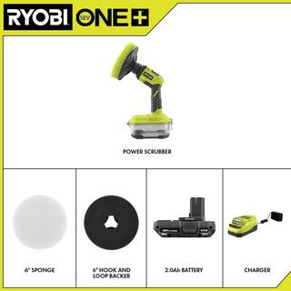 RYOBI ONE+ 18V Cordless Compact Power Scrubber Kit with 2.0 Ah Battery Charger and 6 in. Sponge Hook and Loop Kit P4510K-A95HLK