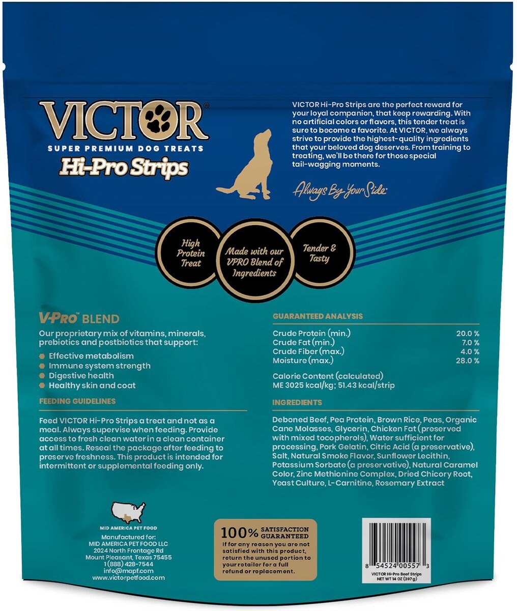 VICTOR Classic Hi-Pro Strips Tender Beef Recipe Dog Treats， 14-oz bag