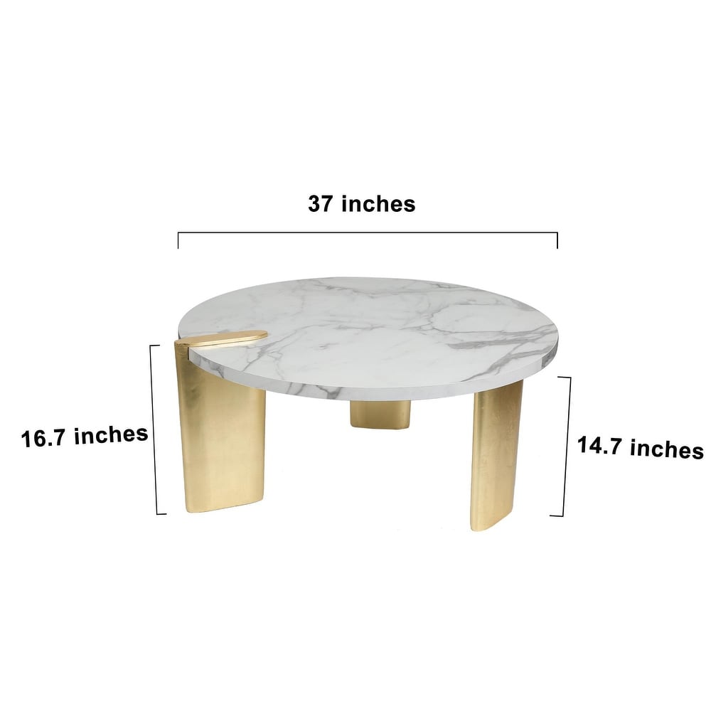 Modern Glam Round Coffee Table Golden Legs with White Faux Marble Veneer   37\