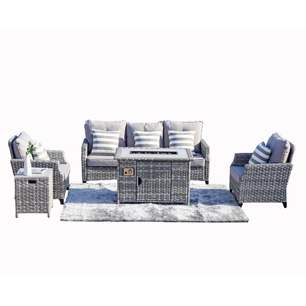 moda furnishings Torch Grey 5-Pieces Wicker Patio Conversation set with Fire pit and Grey Cushions MODAF-1802