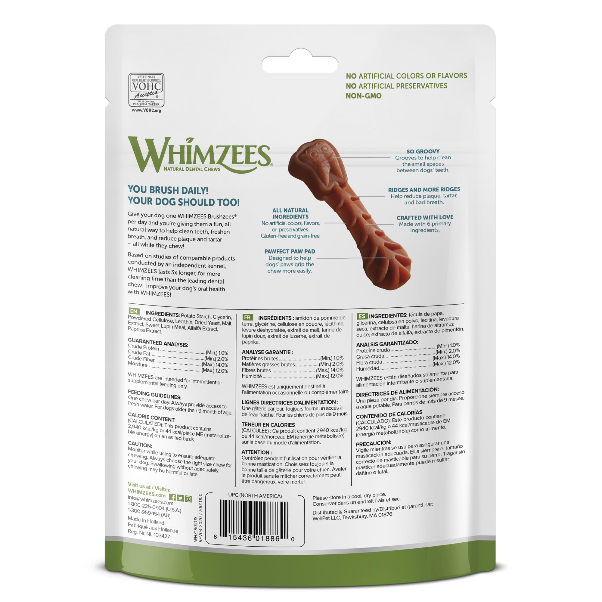 Whimzees Natural Grain Free Daily Dental Small Dog Treats， 7.4 oz.， Pack of 14