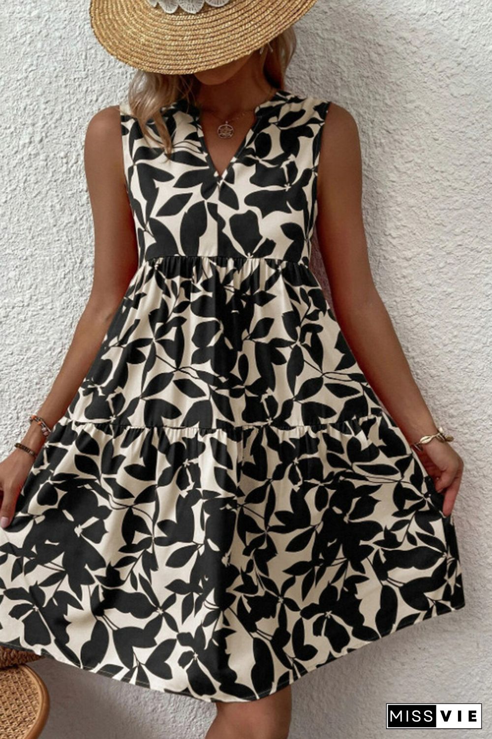 Sleeveless V Neck Flower Print Splicing Dress