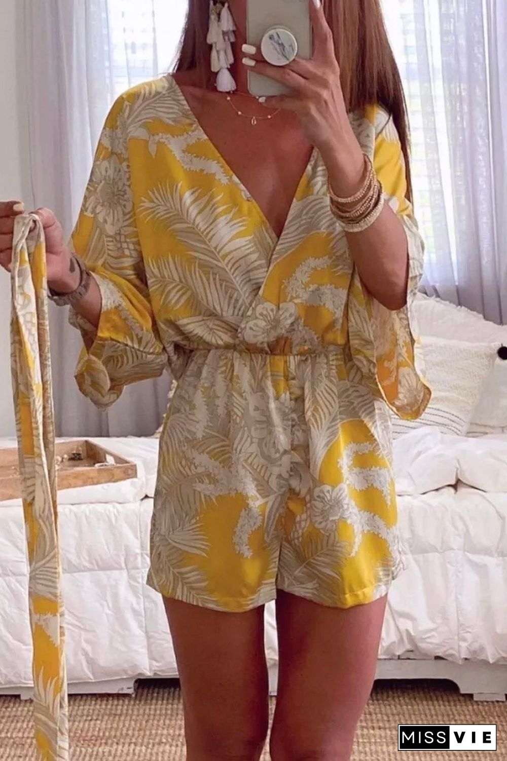 Lace-up Plants Print Yellow One-piece Romper