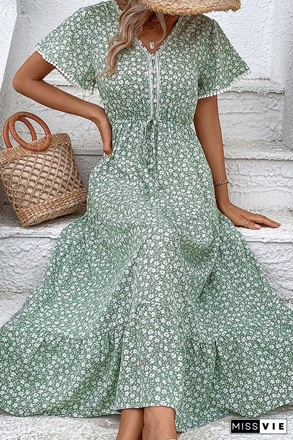 Green Flower Print Pom Pom Long Dress