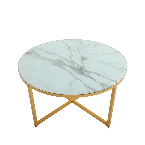 EPOWP Cross Legs Glass Coffee Table with Metal Base， Marble White Top and Golden