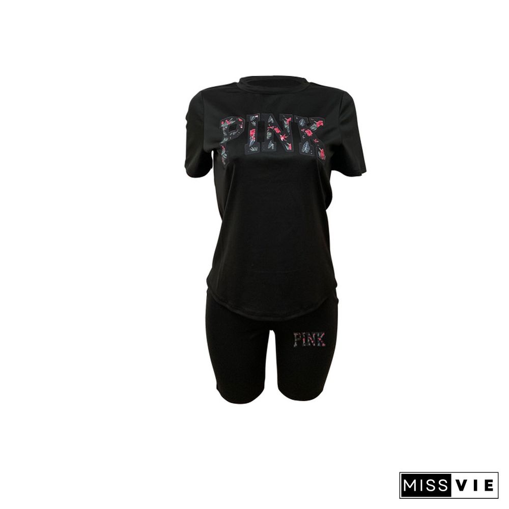 PINK Letter Short Sleeve T Shirt Biker Shorts Tracksuit