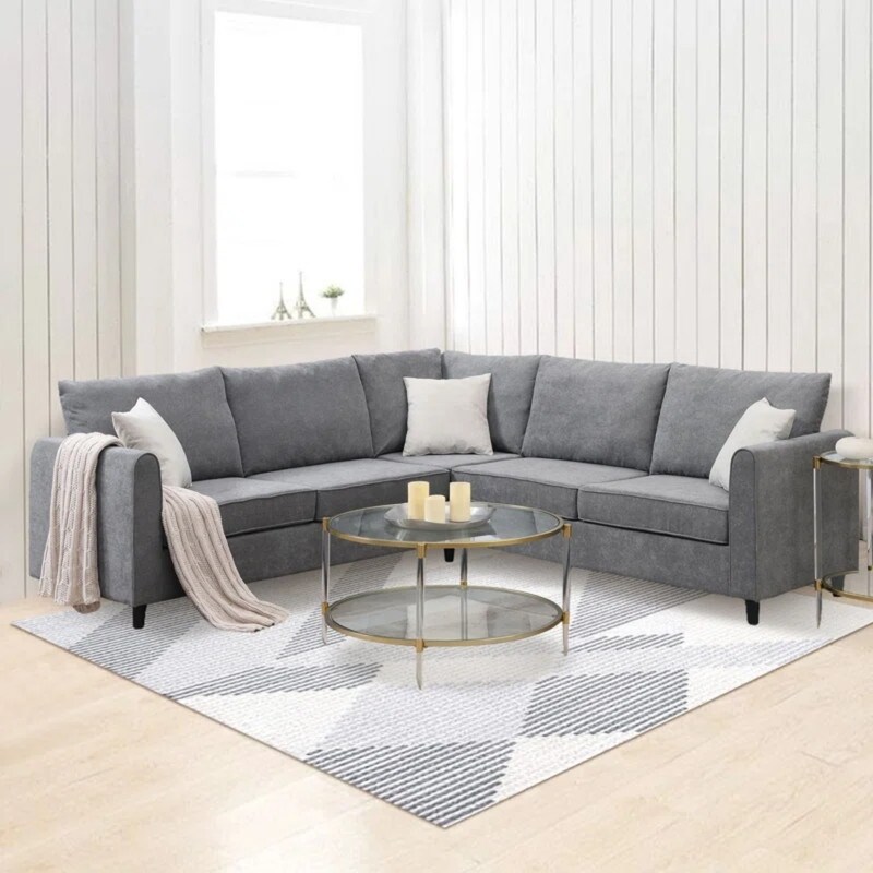 Grey 3 Pieces Living Room Sofa Set Sectional Sofa Upholstered Rolled Arm Classic Chesterfield Sectional Sofa with 3 Pillows