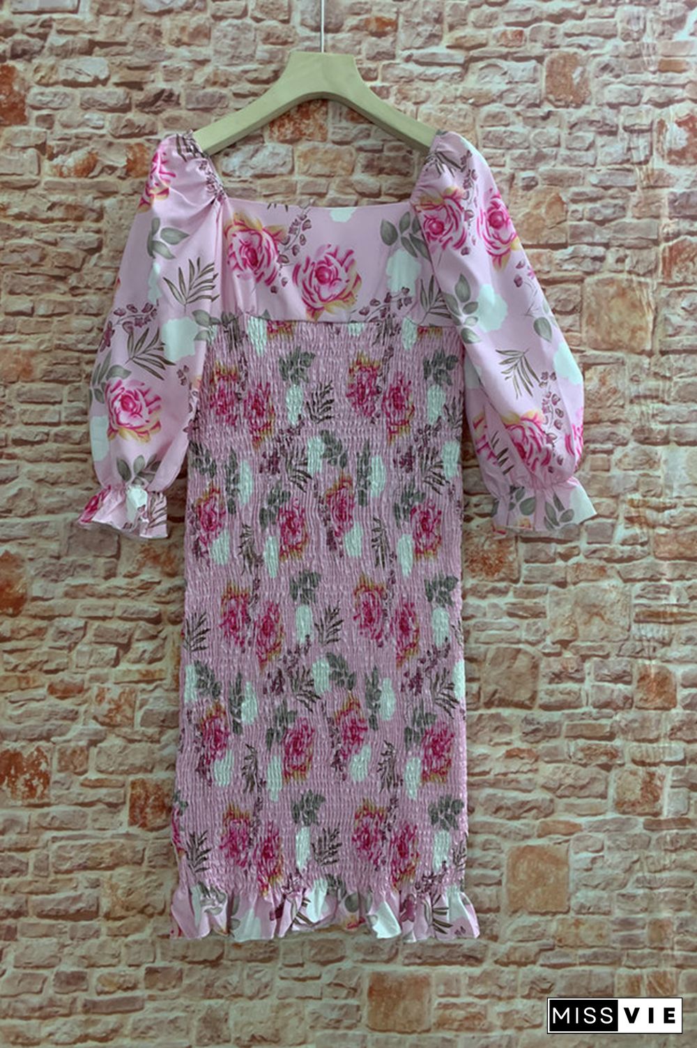 Square Neck Puff Sleeves Floral Slim Dress