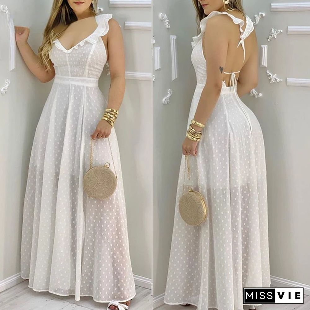 Sexy Open Back Summer Ladies Elegant Dress With Ruffled Hem Open Back Slit Long Skirt Mesh Dress