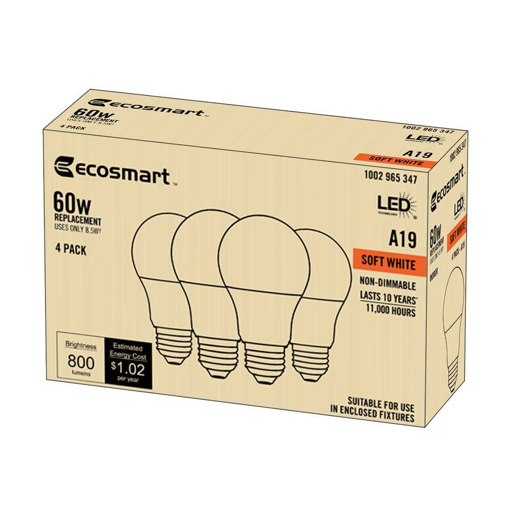 EcoSmart 60-Watt Equivalent A19 Non-Dimmable CEC LED Light Bulb Soft White (4-Pack) A9A19A60WT2044