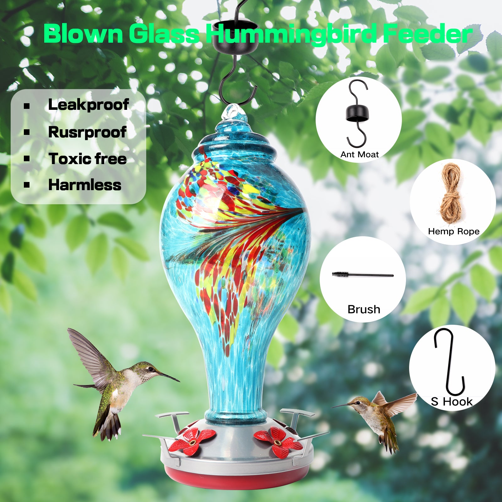 Syeenify  Hummingbird Feeder，Blown Glass Hummingbird Feeders for Outdoors， 36 Ounces