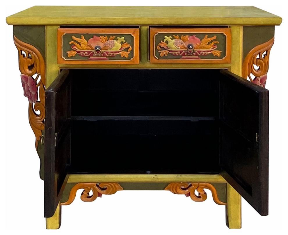 Chinese Distressed Mustard Yellow Orange Flower Carving Table Cabinet Hcs7111   Asian   Side Tables And End Tables   by Golden Lotus Antiques  Houzz