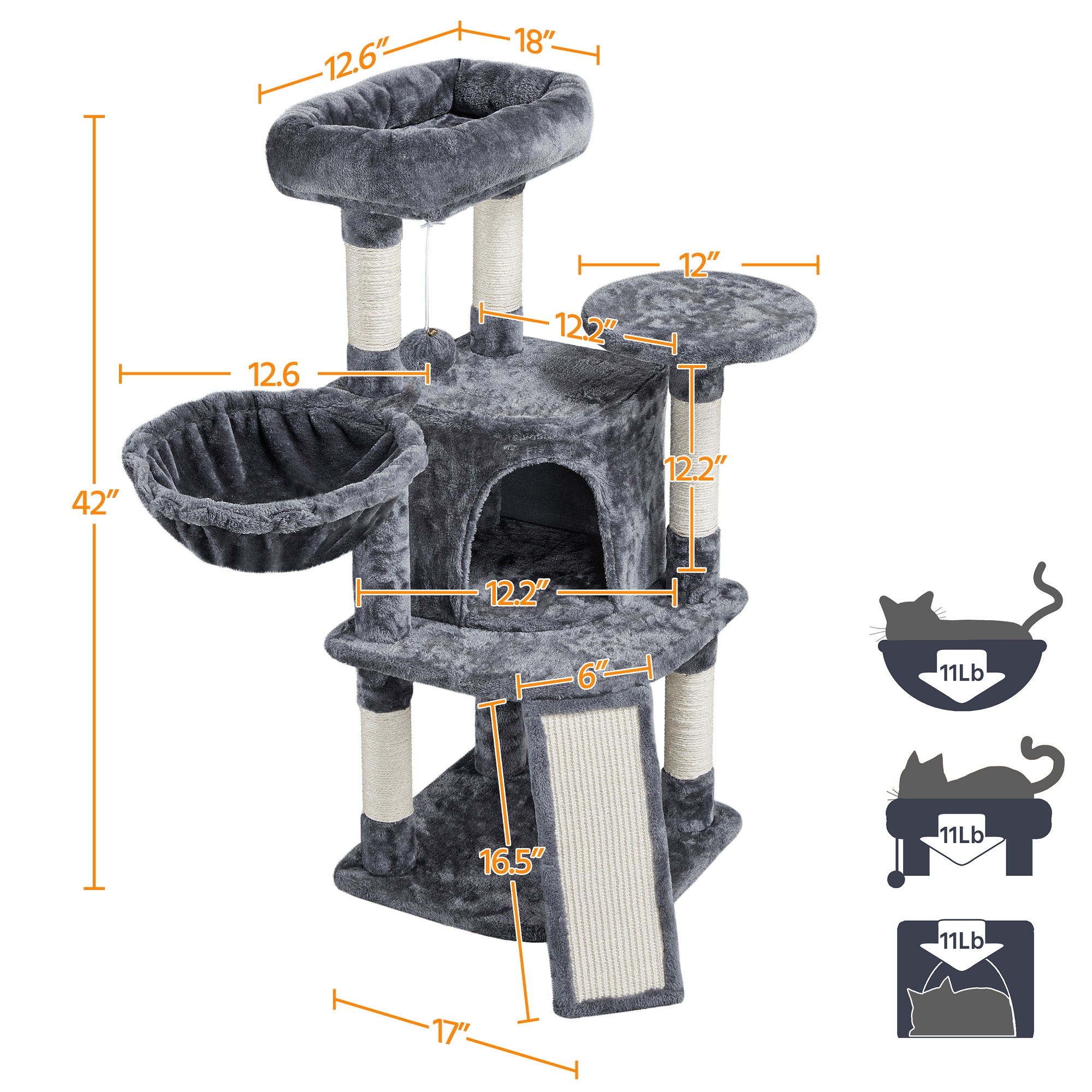 TOPEAKMART Dark Gray Medium Plush Cat Tree Condo with Basket， 42