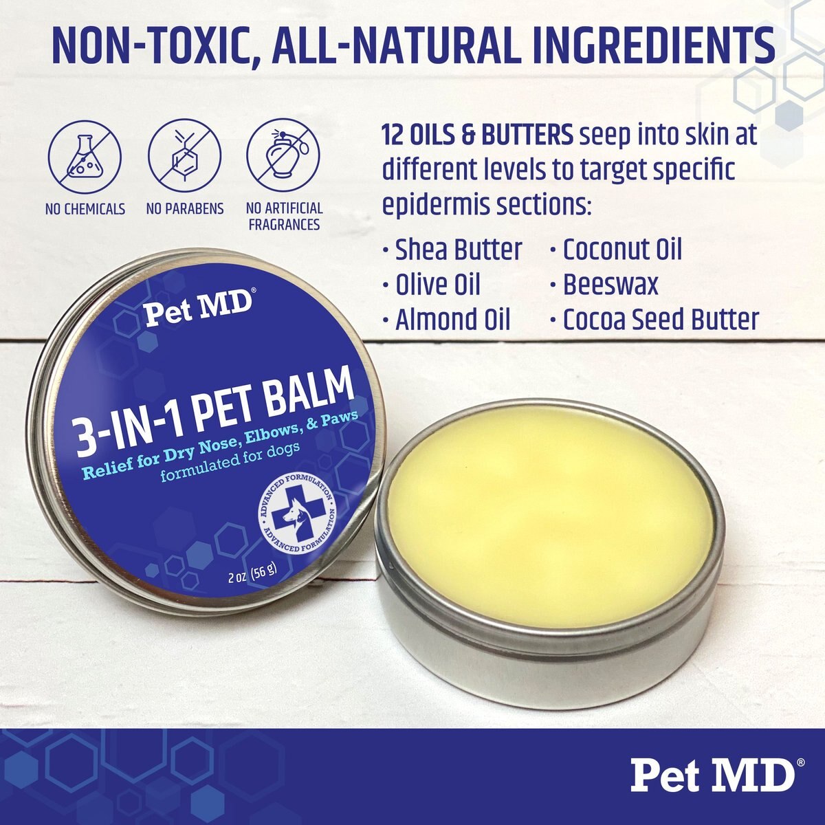 Pet MD Paw Balm 3-in-1 Nose/Snout and Elbow Moisturizer and Paw Protectors Paw Wax with Shea Butter， Coconut Oil， and Beeswax for Dogs， 2-oz jar