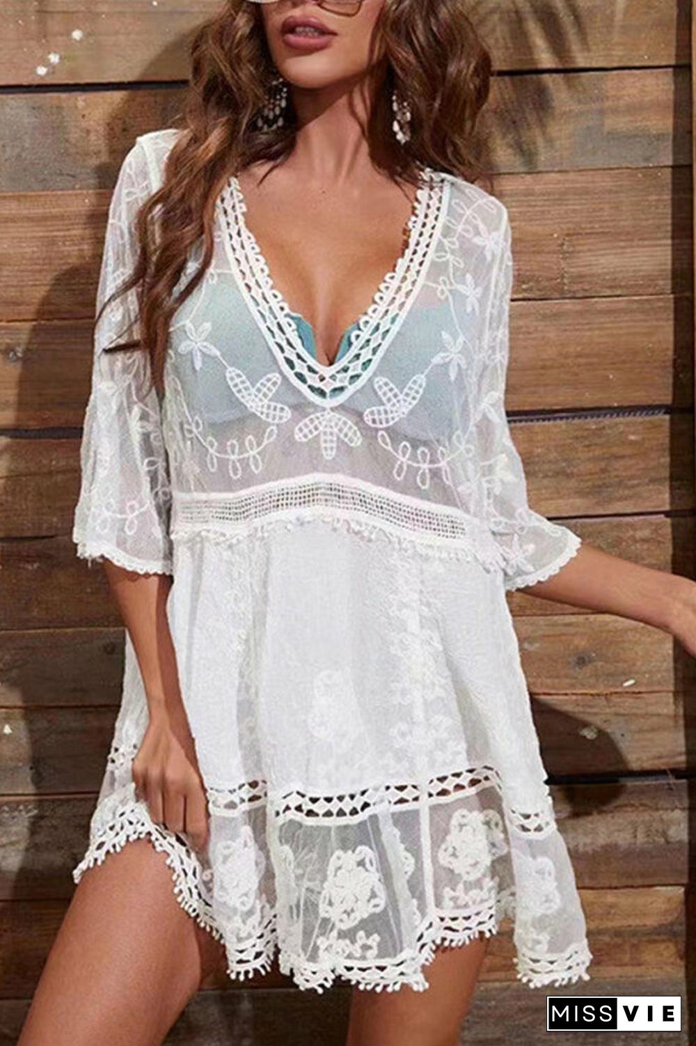 Lace Embroidered Patchwork V Neck Cover up