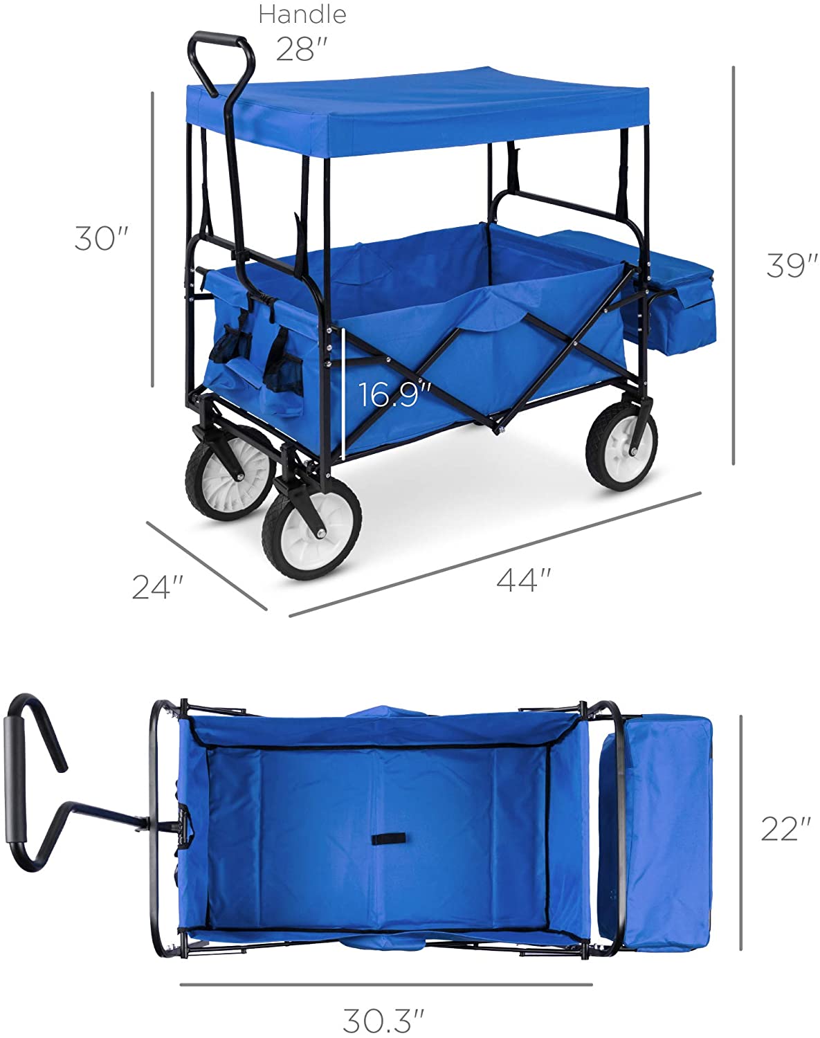 Folding Utility Cargo Wagon Cart with Removable Canopy, Cup Holders, Blue