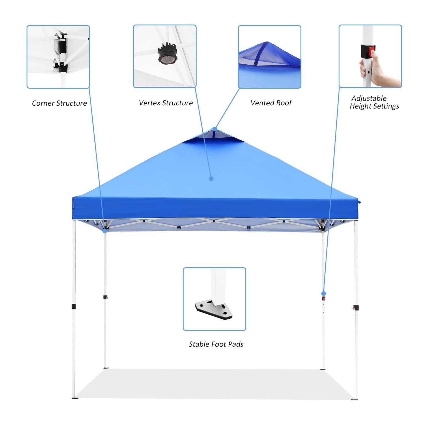 Outdoor Basic 10' x 10' Pop up Canopy Tent Outside Canopy, One Push Tent Canopy with Wheeled Carry Bag, Extra 8 Stakes and 4 Ropes, Blue