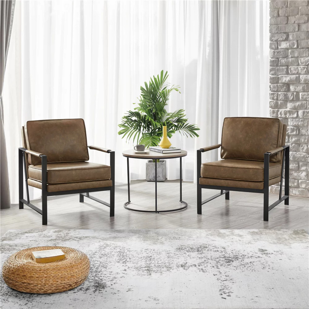 Set of 2  Retro Modern Accent Chair  Faux Leather Seat With Padded Arms  Brown   Industrial   Armchairs And Accent Chairs   by Declusia  Houzz