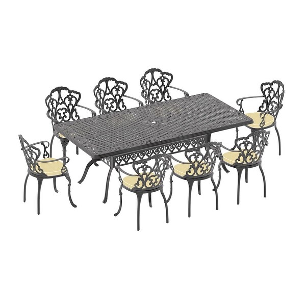 7/9Piece Cast Aluminum Outdoor Dining Set with 82.68'' L X 41.34'' W Rectangular Table and Random Color Seat Cushions