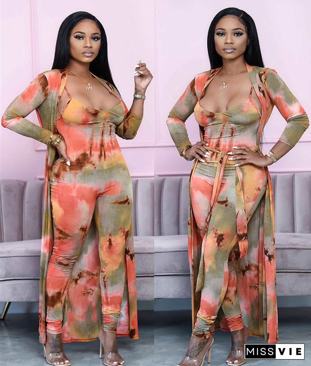 Fashion Printed Long Coat+Halter Jumpsuit Two-piece Set