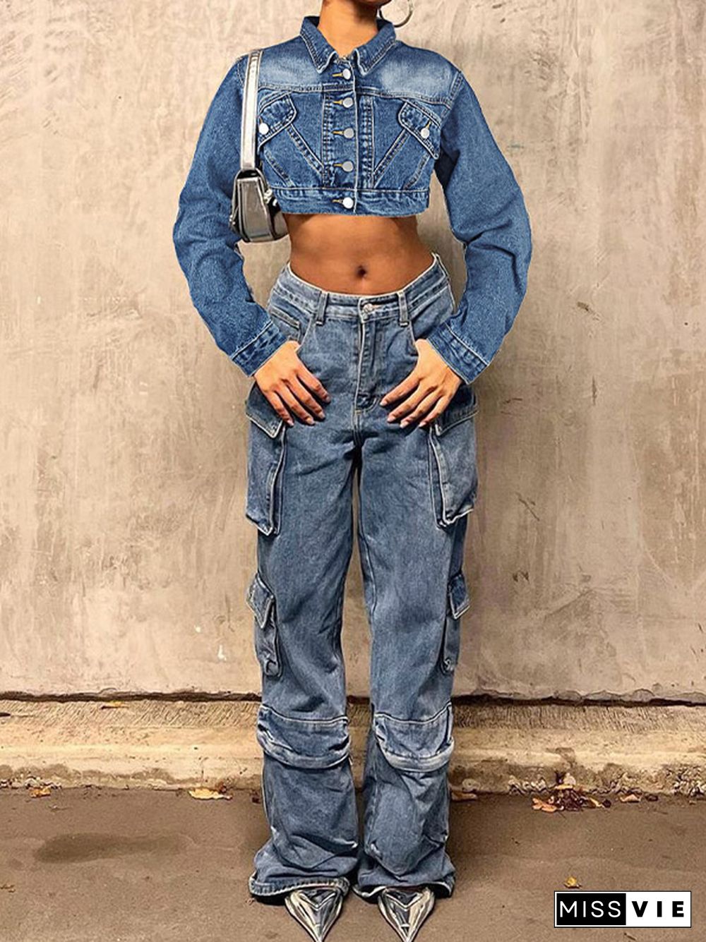 Short Denim Lapel Neck Crop Jacket