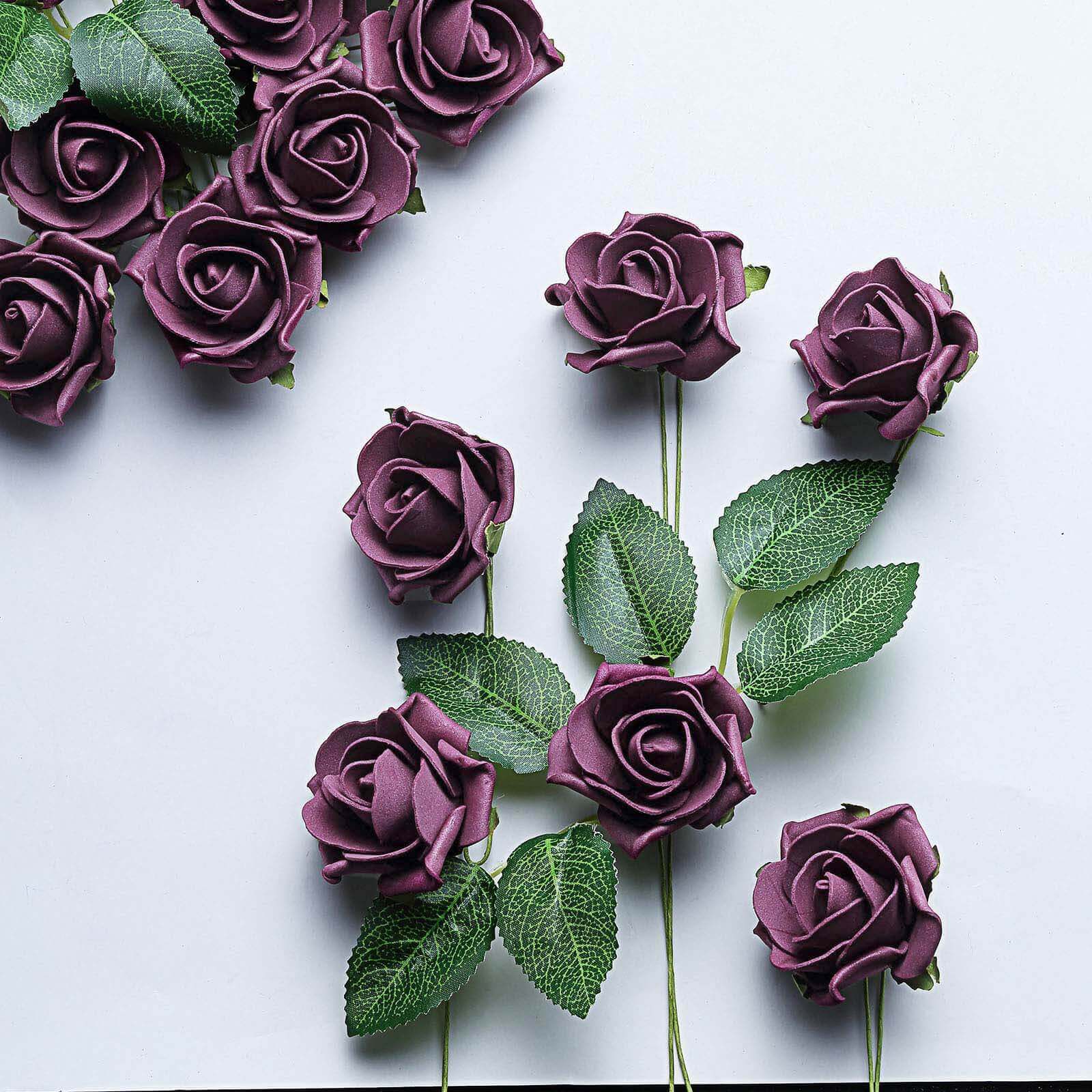 24 Roses Eggplant Artificial Foam Flowers With Stem Wire and Leaves 2